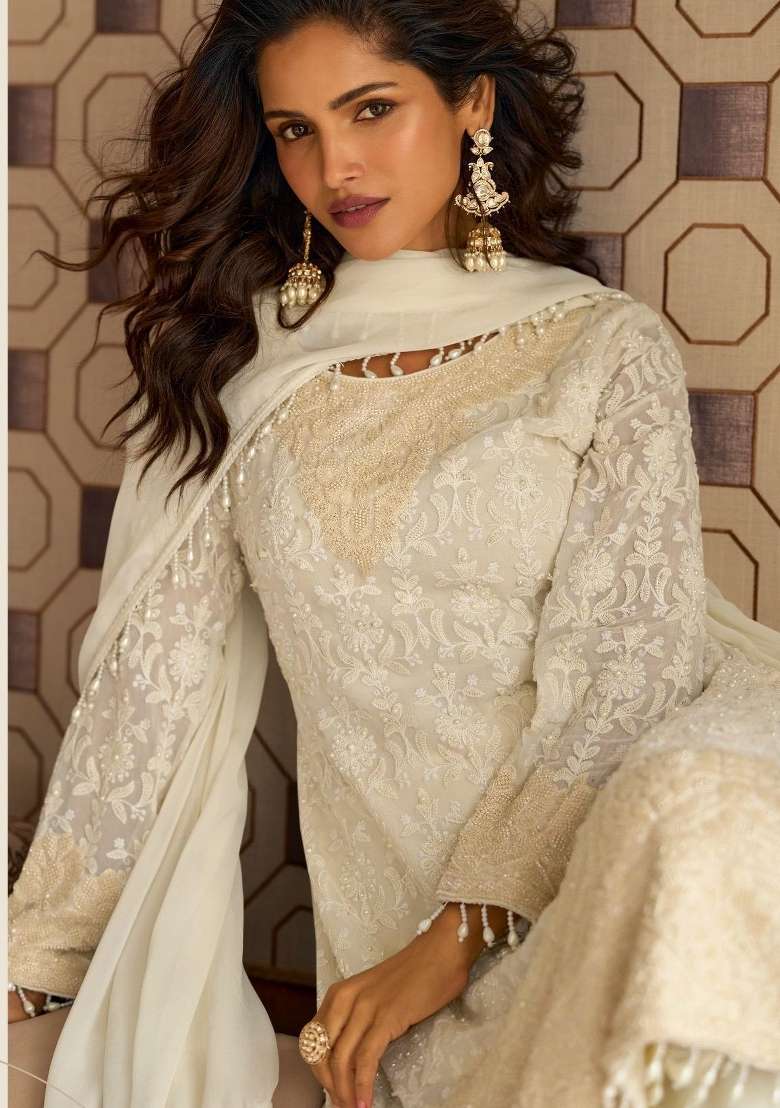 white Zari Work Georgette Salwar Kameez - Indya