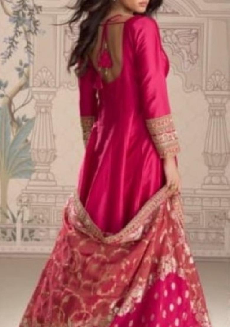 red Zari Work Silk Blend Anarkali With Dupatta - Indya