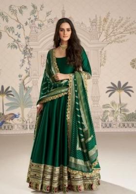 dark green Zari Work Silk Blend Anarkali With Dupatta