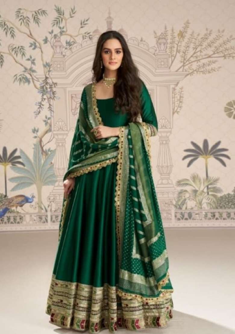 dark green Zari Work Silk Blend Anarkali With Dupatta - Indya