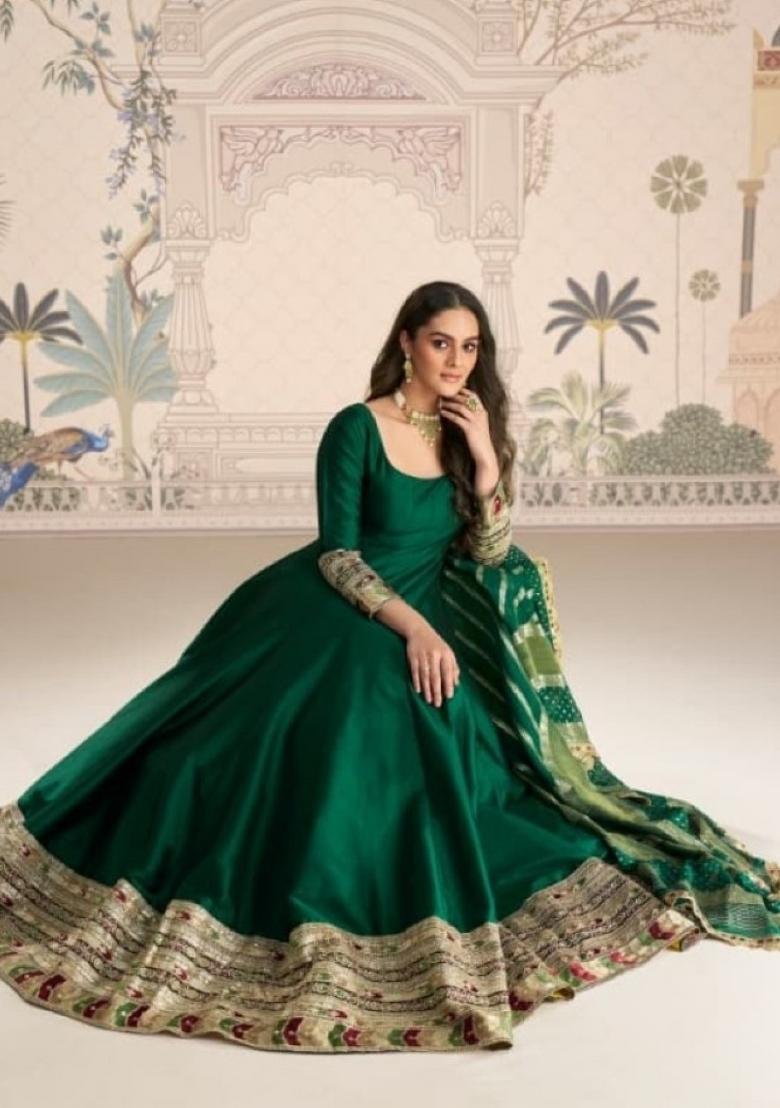 dark green Zari Work Silk Blend Anarkali With Dupatta - Indya