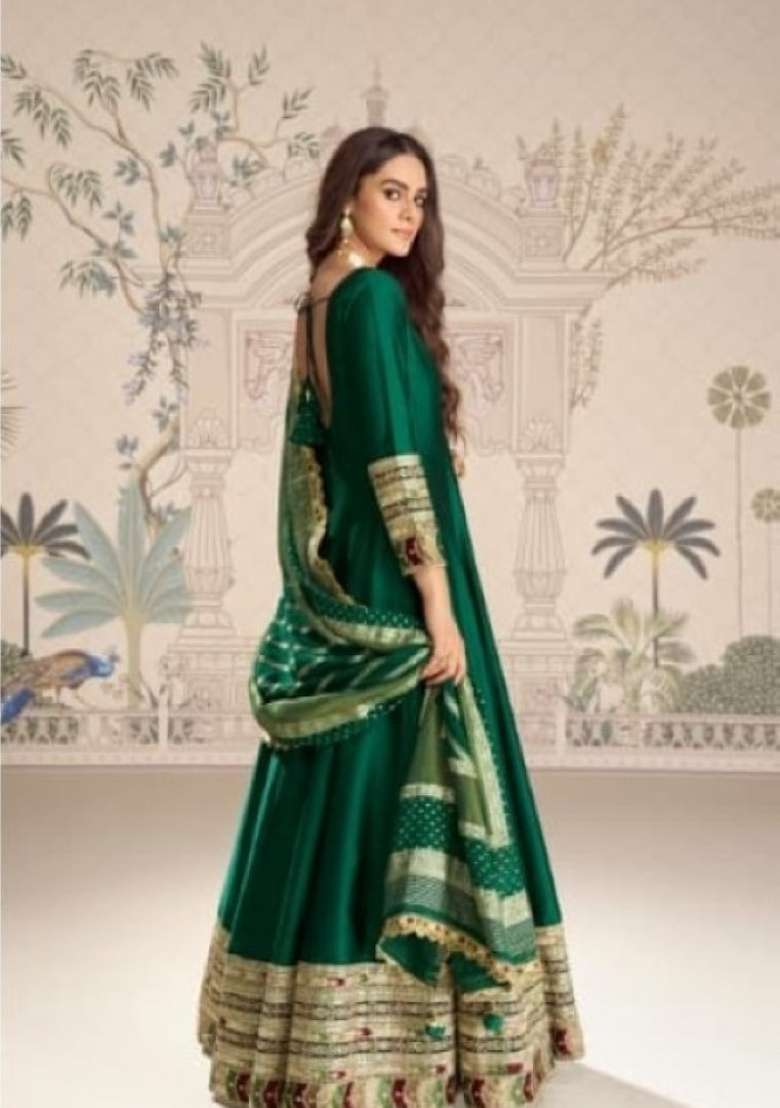 dark green Zari Work Silk Blend Anarkali With Dupatta - Indya