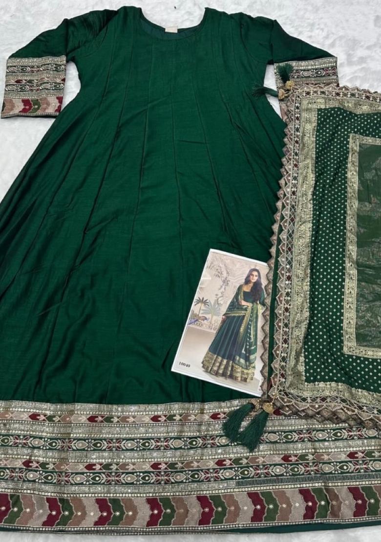 dark green Zari Work Silk Blend Anarkali With Dupatta - Indya