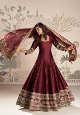 maroon Zari Work Silk Blend Anarkali With Dupatta