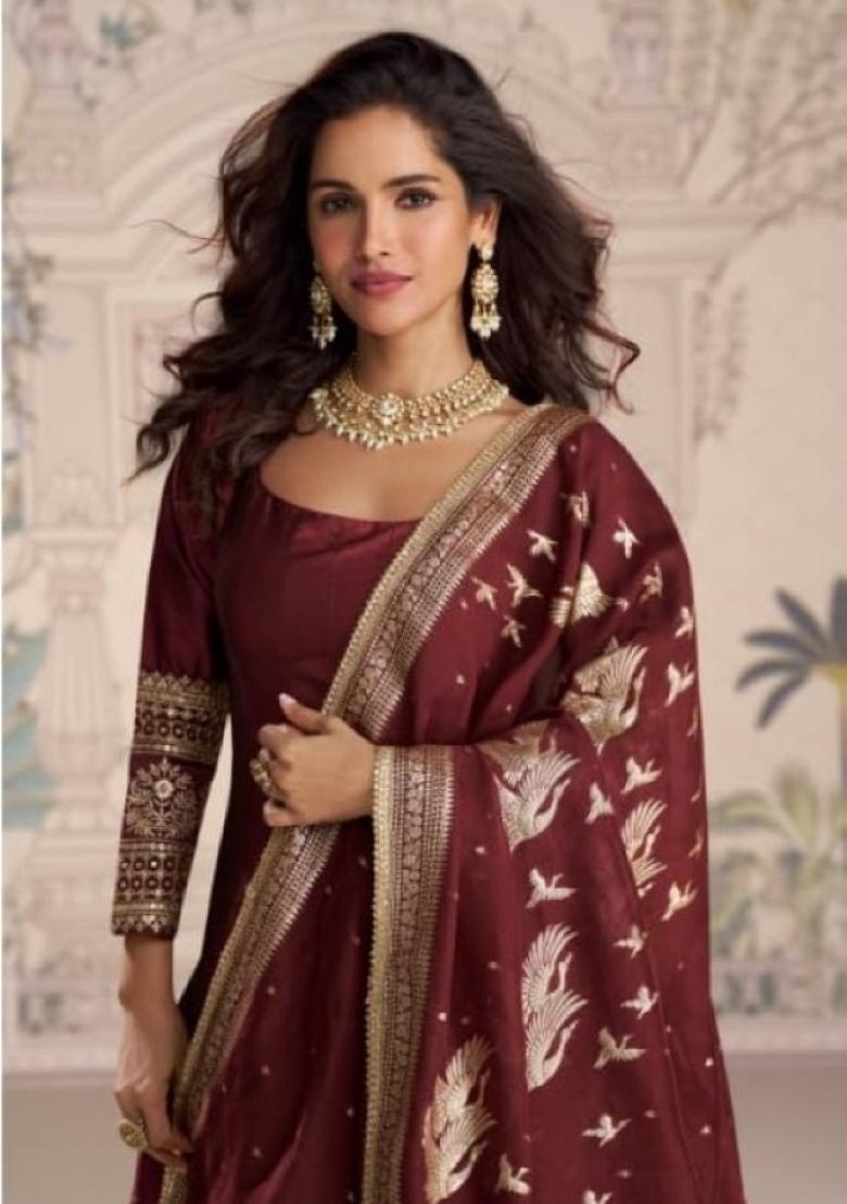 maroon Zari Work Silk Blend Anarkali With Dupatta - Indya