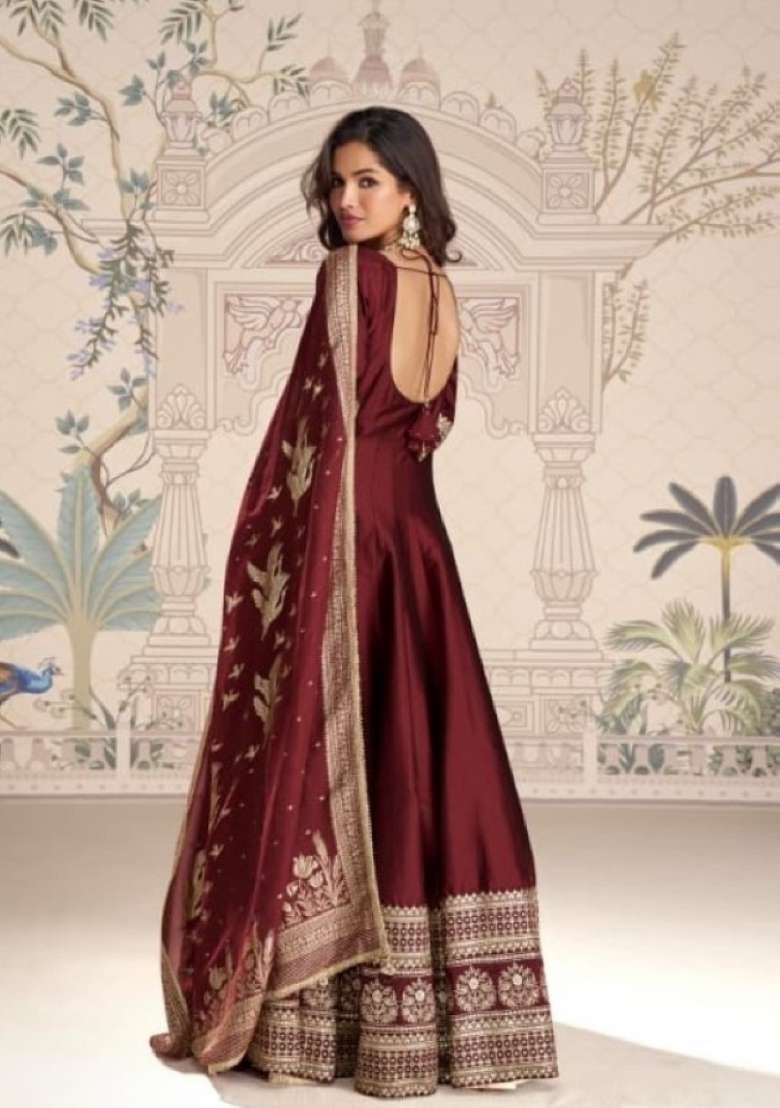 maroon Zari Work Silk Blend Anarkali With Dupatta - Indya