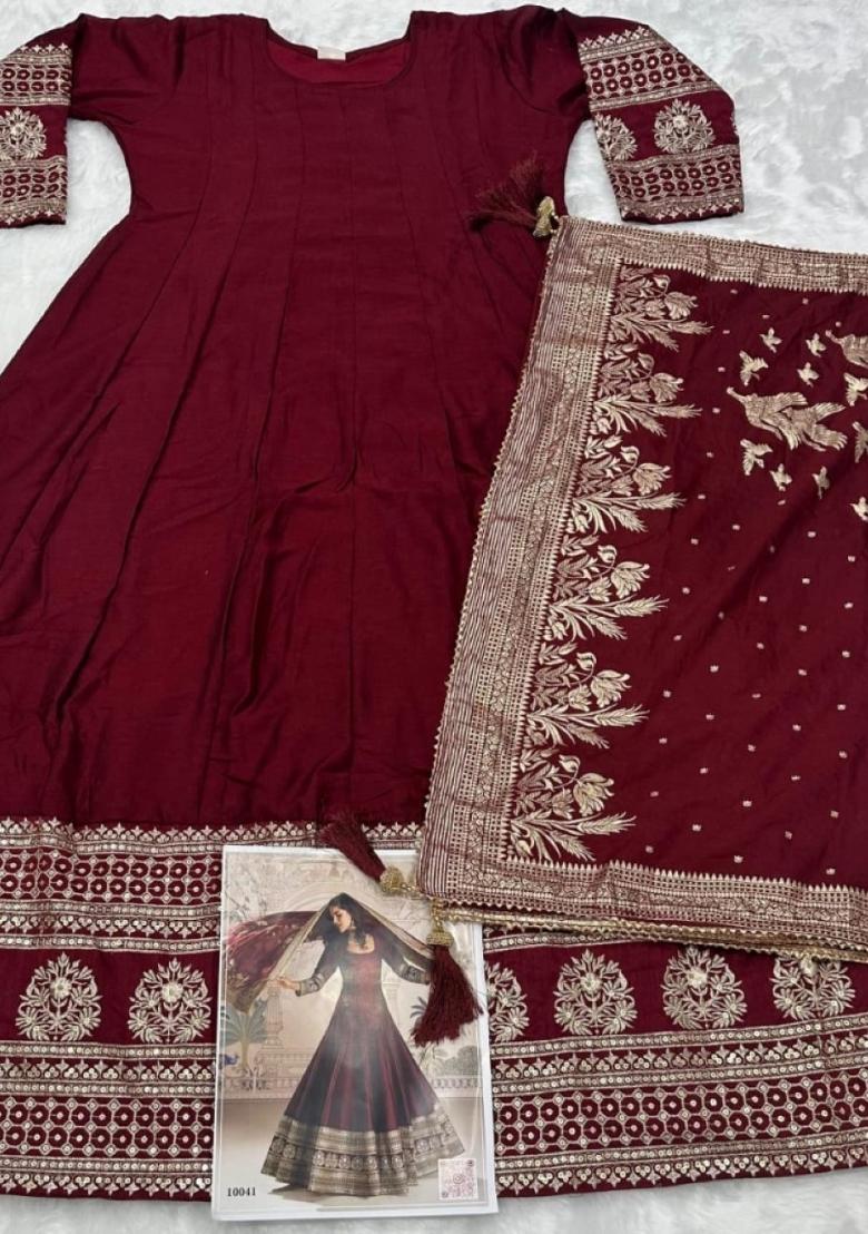maroon Zari Work Silk Blend Anarkali With Dupatta - Indya