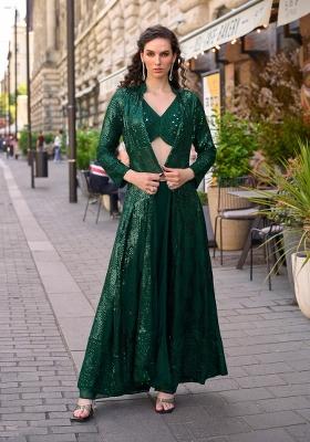 dark green Zari Work Georgette Indo Western Set