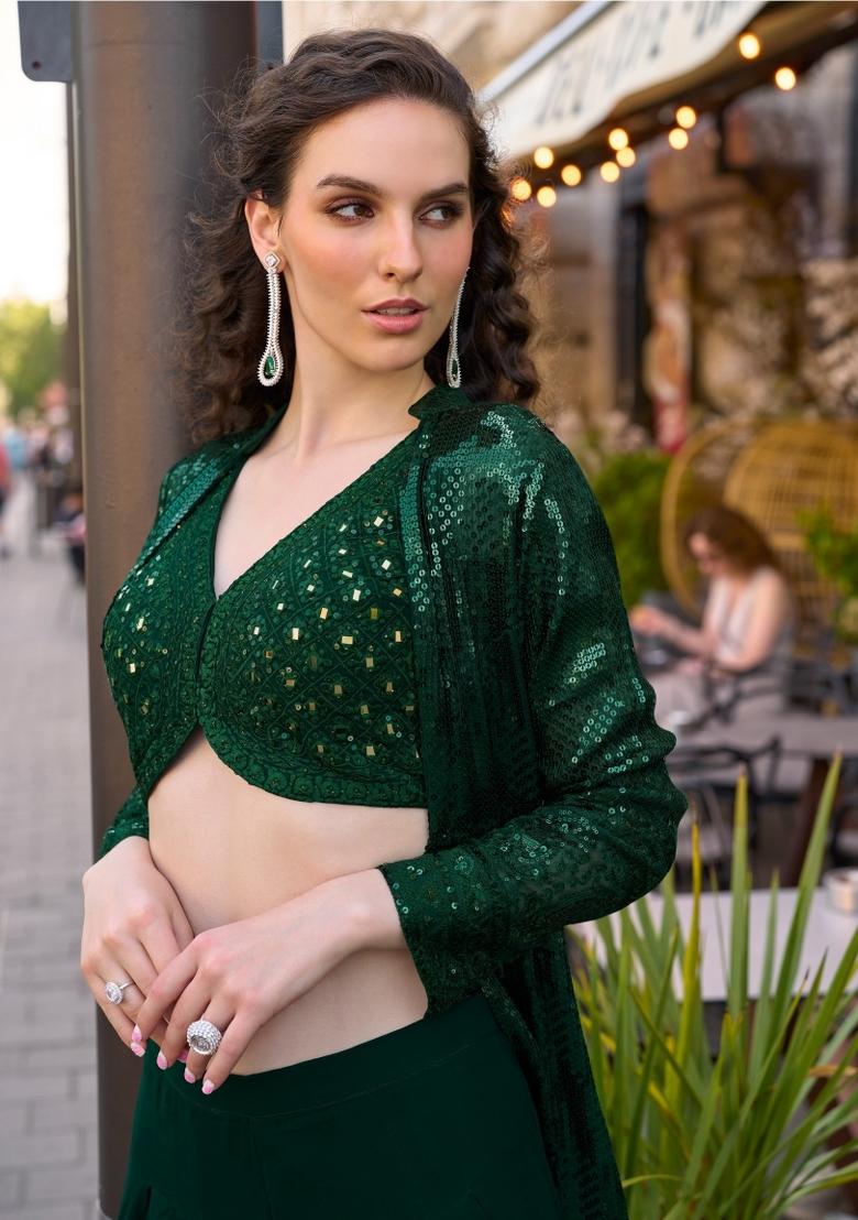 dark green Zari Work Georgette Indo Western Set - Indya
