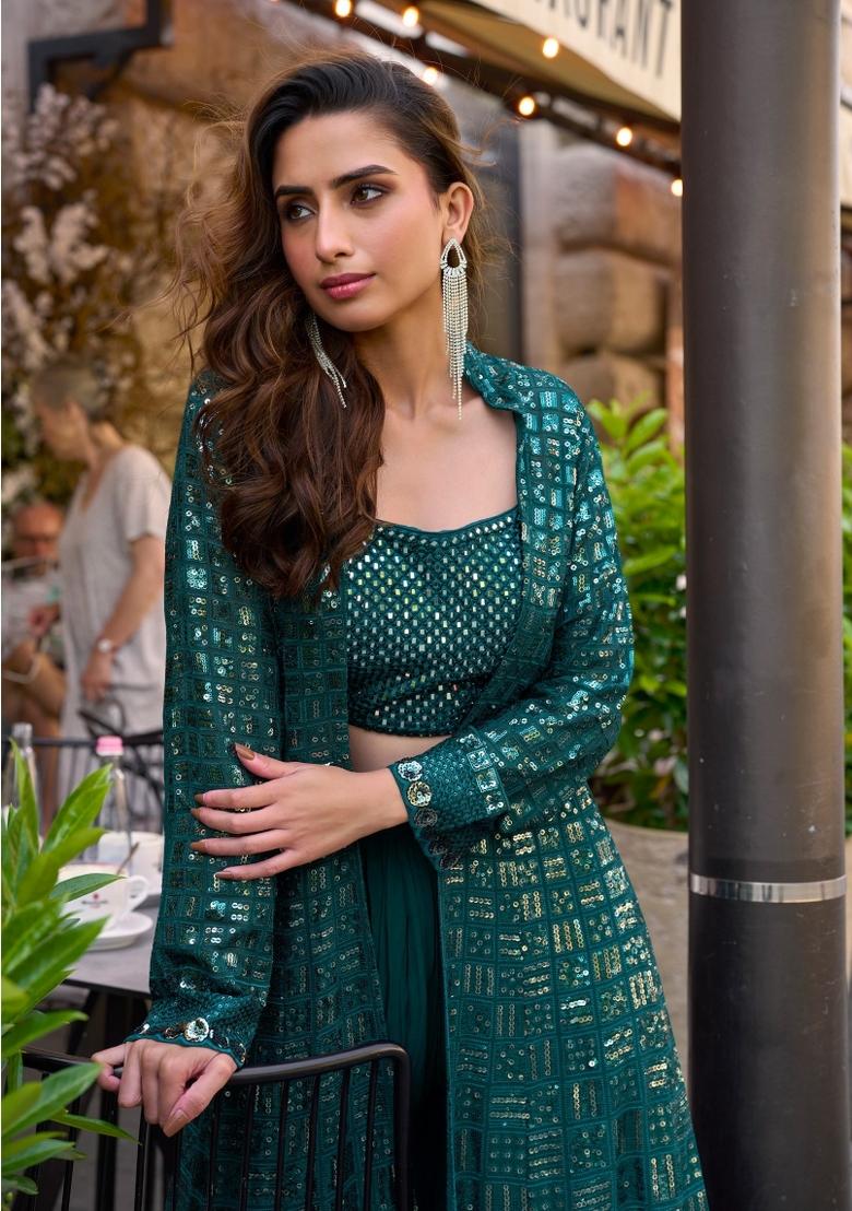 emerald Zari Work Georgette Indo Western Set - Indya