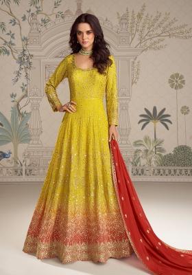 yellow Zari Work Georgette Anarkali With Dupatta