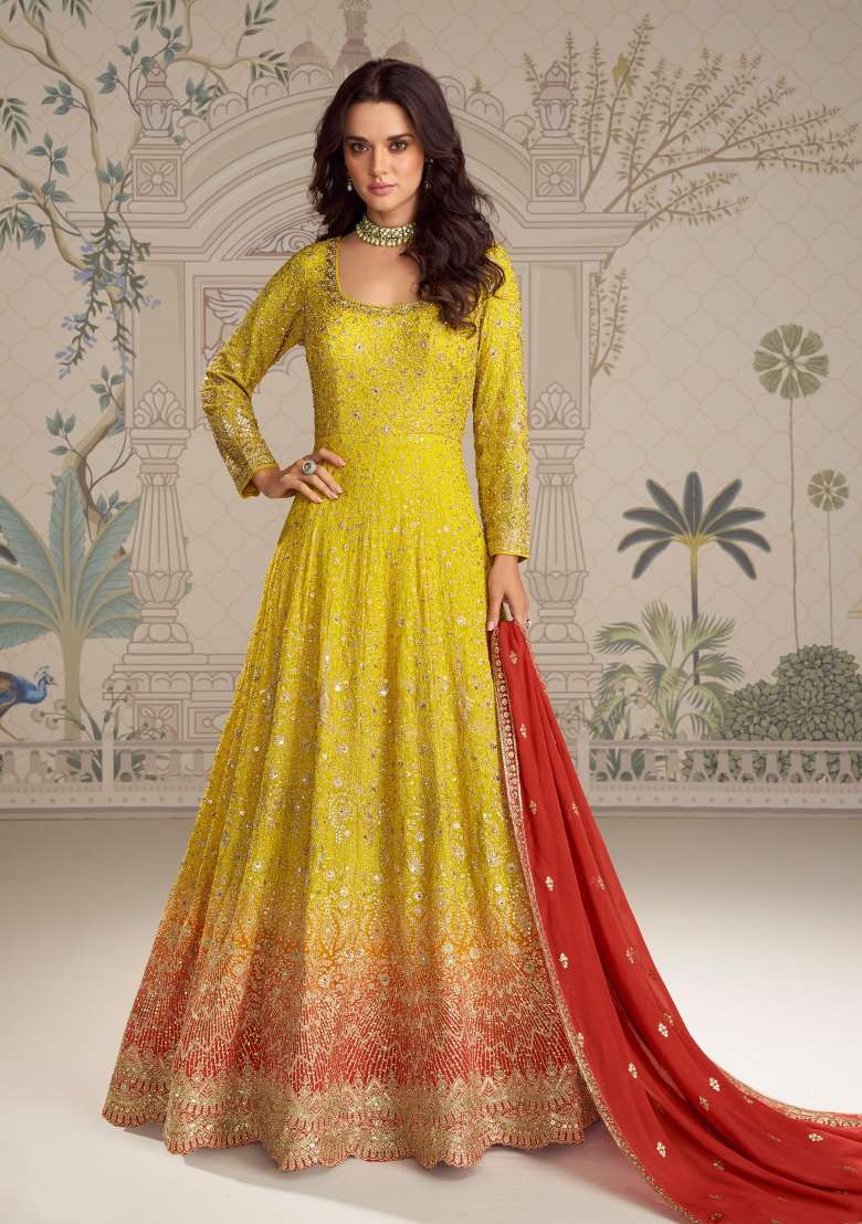 yellow Zari Work Georgette Anarkali With Dupatta - Indya