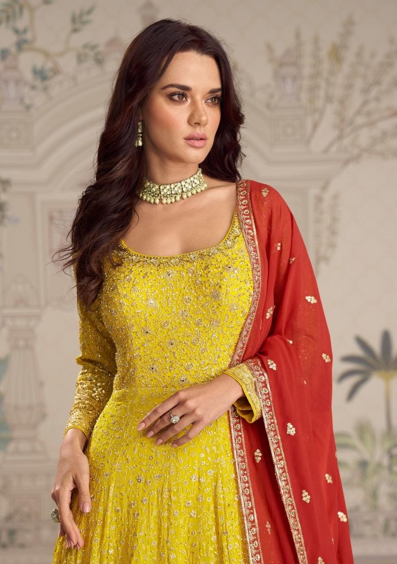 yellow Zari Work Georgette Anarkali With Dupatta - Indya