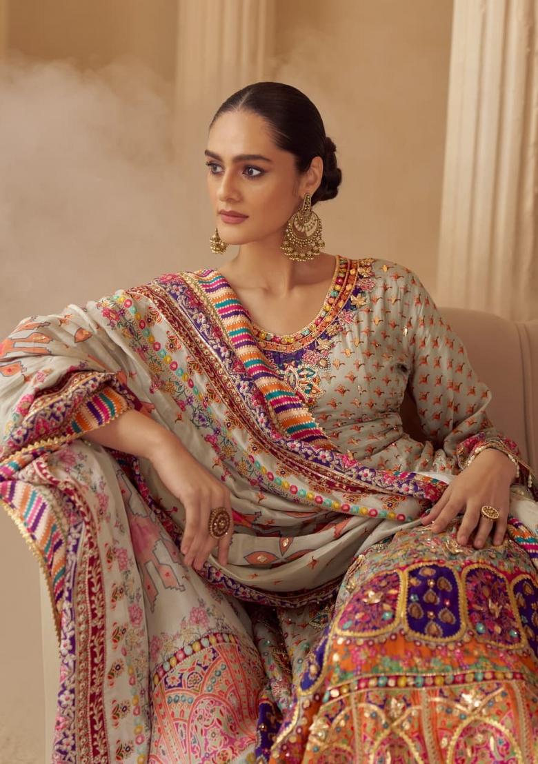 beige Zari Work Crepe Salwar Kameez - Indya