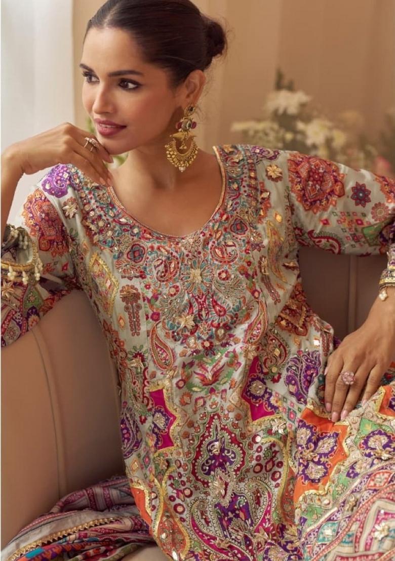 multicolor Zari Work Crepe Salwar Kameez - Indya