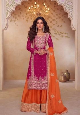rani pink Zari Work Silk Salwar Kameez