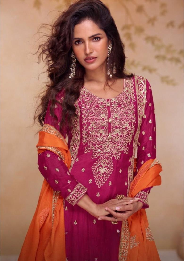 rani pink Zari Work Silk Blend Salwar Kameez - Indya