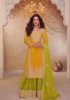 yellow Zari Work Silk Salwar Kameez