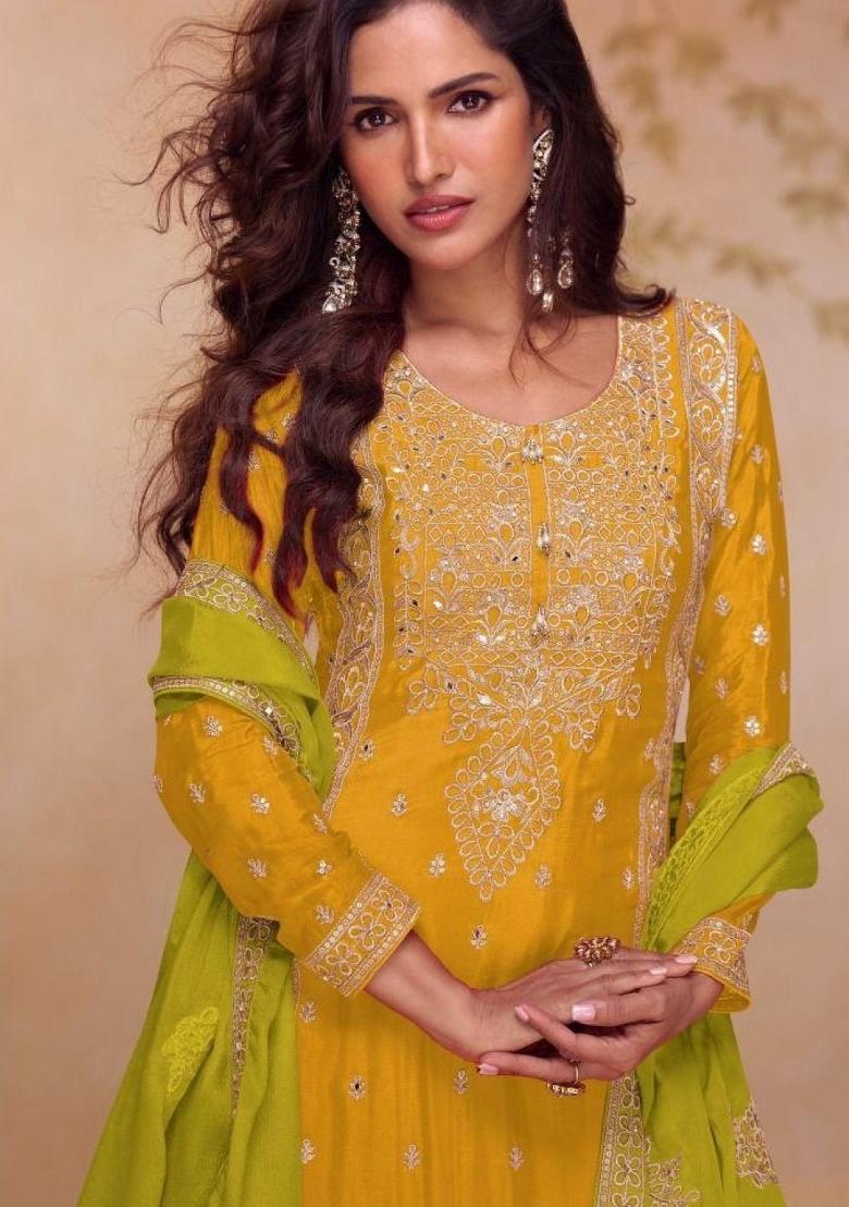 yellow Zari Work Silk Blend Salwar Kameez - Indya