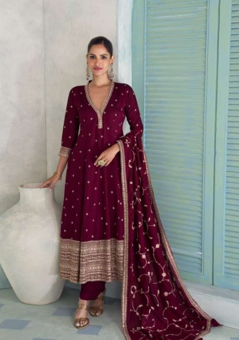 maroon Zari Work Silk Blend Anarkali Set - Indya