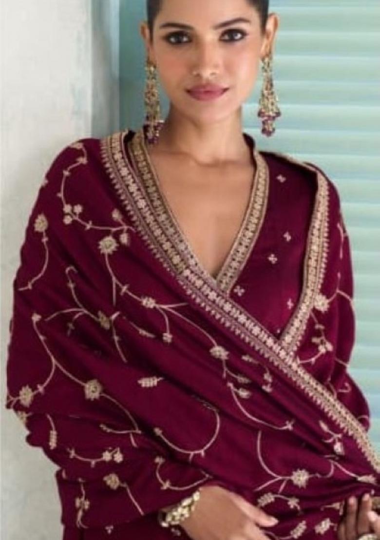 maroon Zari Work Silk Blend Anarkali Set - Indya
