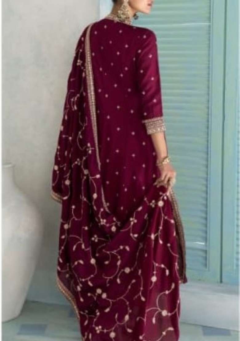 maroon Zari Work Silk Blend Anarkali Set - Indya