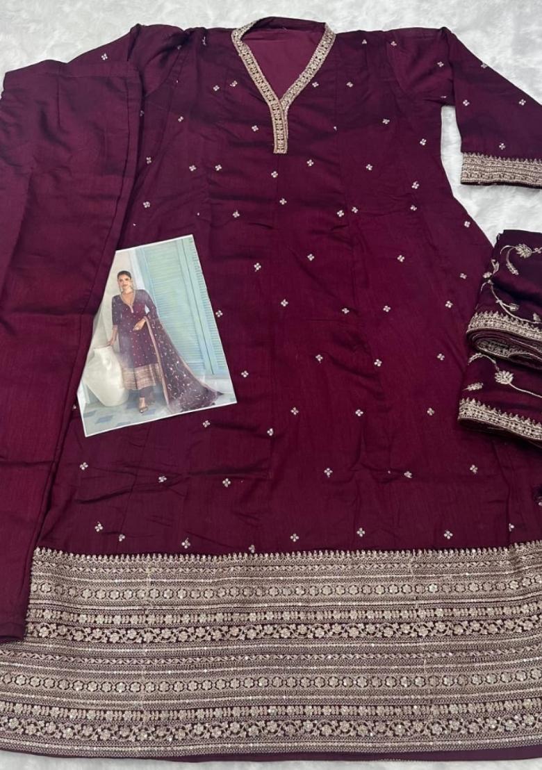 maroon Zari Work Silk Blend Anarkali Set - Indya