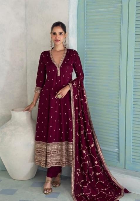 maroon Zari Work Silk Anarkali Set