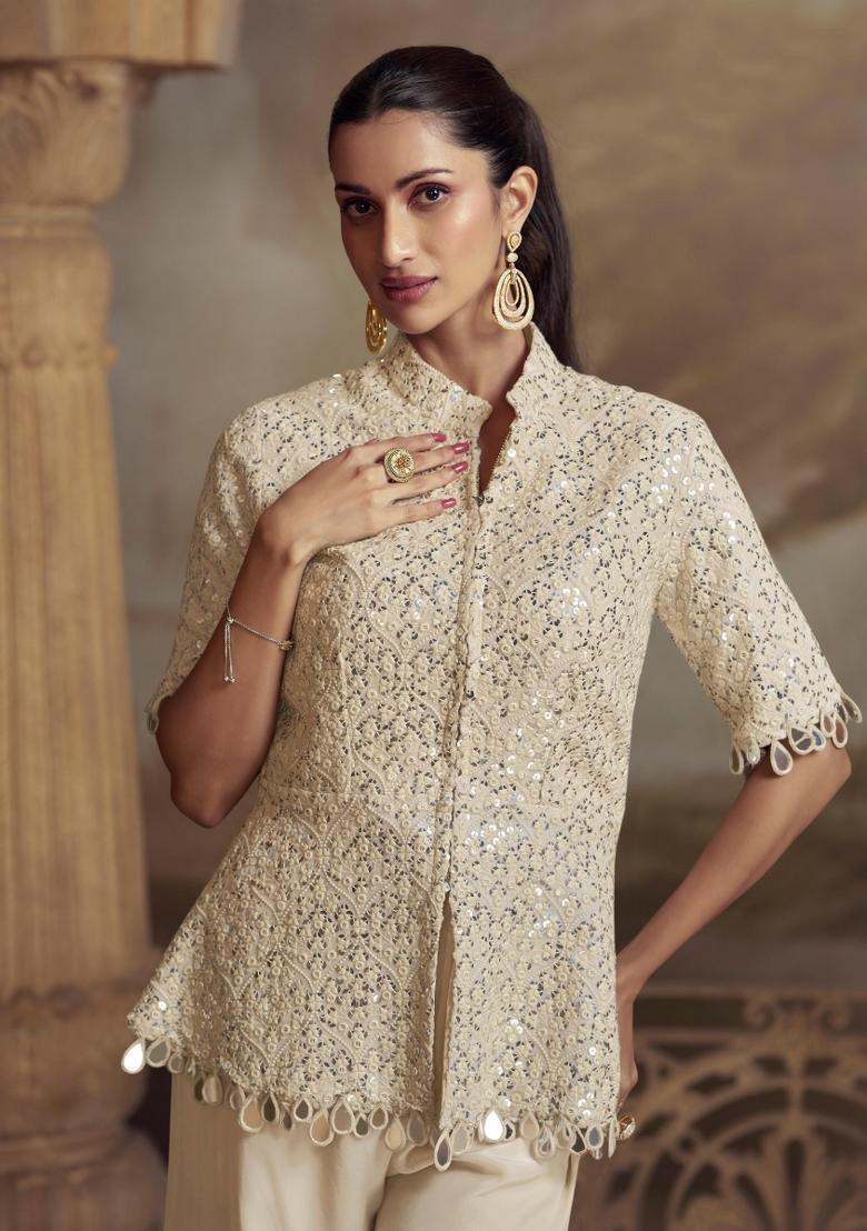 white Zari Work Georgette Indo Western Set - Indya