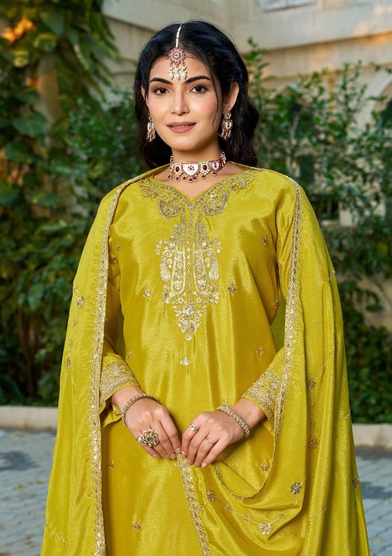 mustard Zari Work Silk Blend Salwar Kameez - Indya