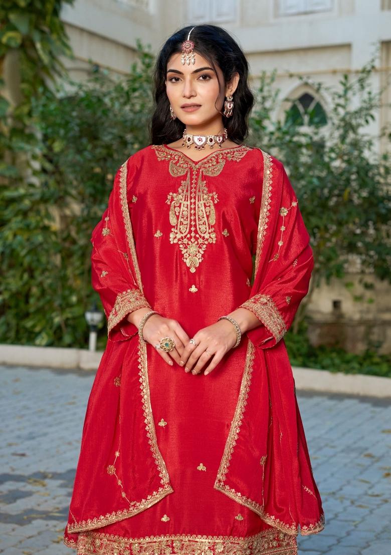 red Zari Work Silk Blend Salwar Kameez - Indya