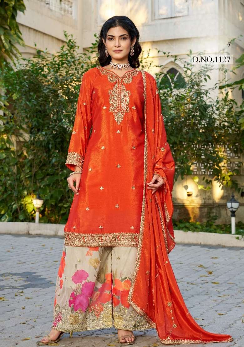 orange Zari Work Silk Blend Salwar Kameez - Indya