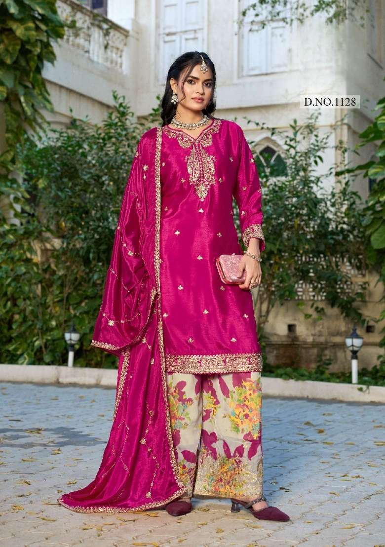 hot pink Zari Work Silk Blend Salwar Kameez - Indya