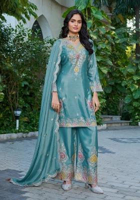 sky blue Zari Work Silk Salwar Kameez