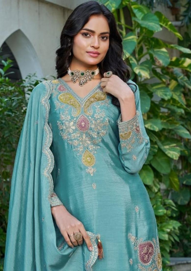 sky blue Zari Work Silk Blend Salwar Kameez - Indya