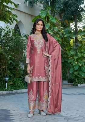 peach Zari Work Silk Salwar Kameez