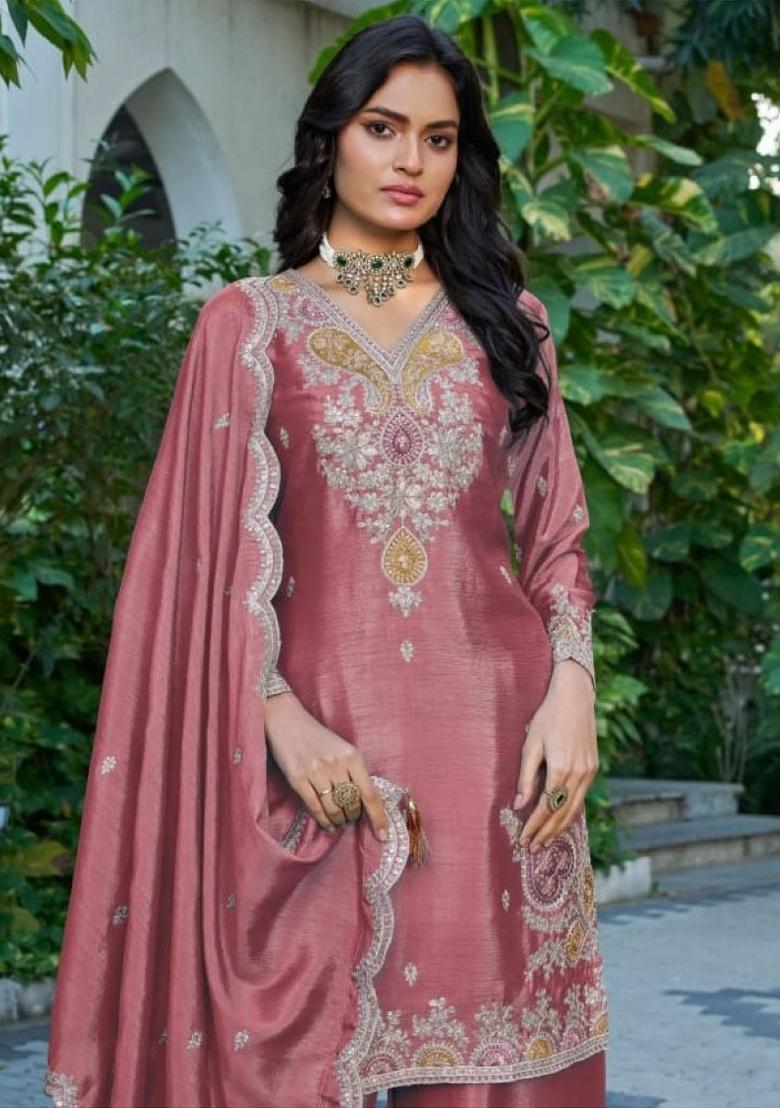 peach Zari Work Silk Blend Salwar Kameez - Indya