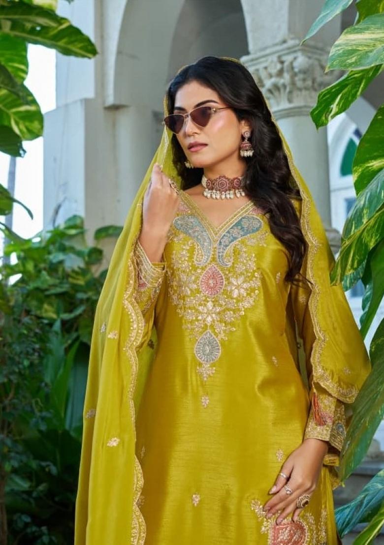 mustard Zari Work Silk Blend Salwar Kameez - Indya