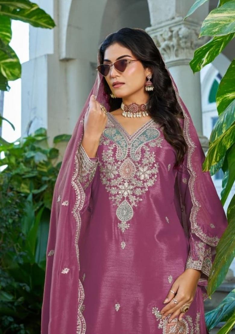 magenta Zari Work Silk Blend Salwar Kameez - Indya