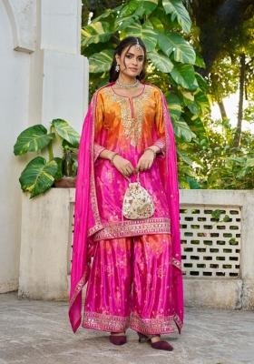 hot pink Zari Work Silk Salwar Kameez