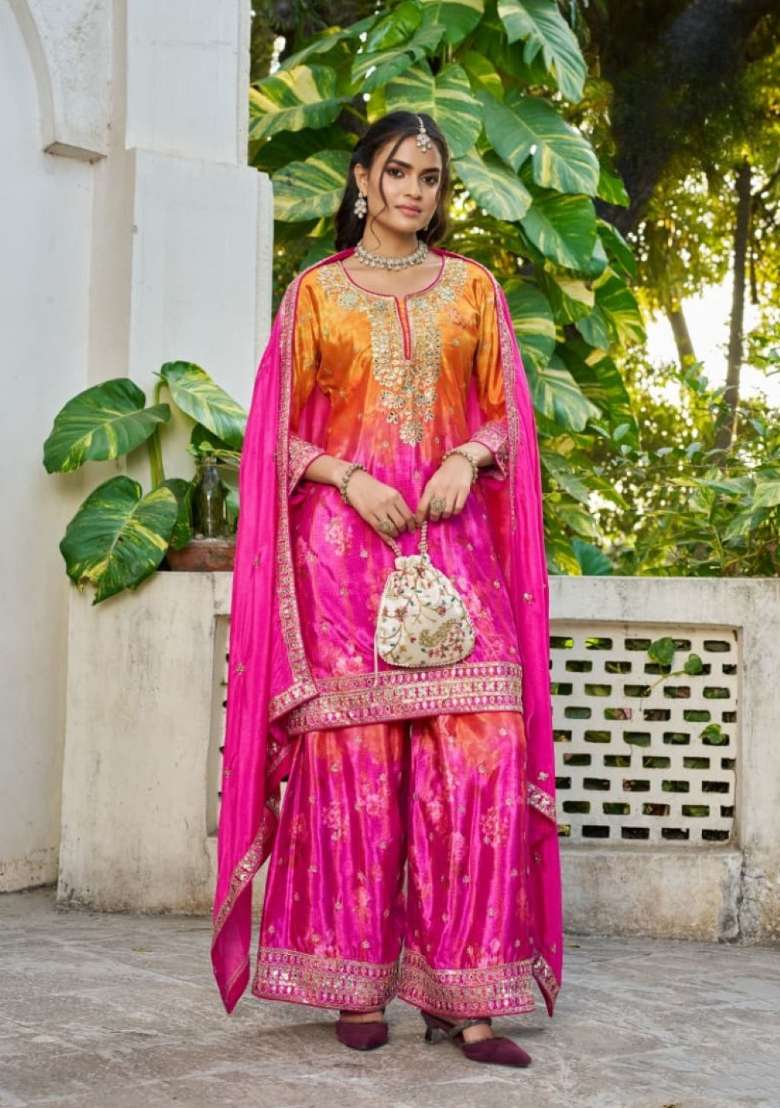 hot pink Zari Work Silk Salwar Kameez - Indya
