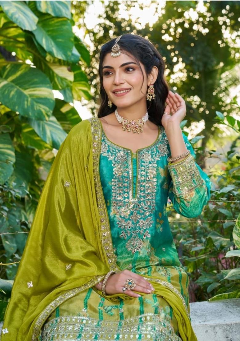 sea green Zari Work Silk Blend Salwar Kameez - Indya