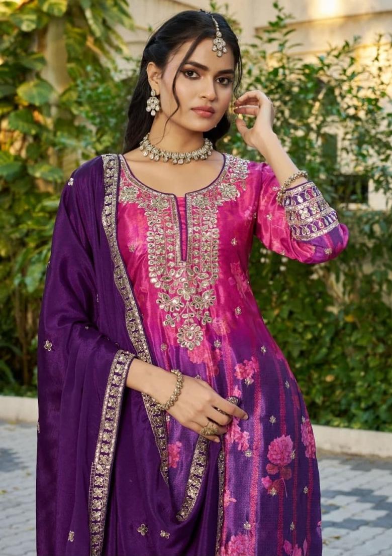 purple Zari Work Silk Blend Salwar Kameez - Indya