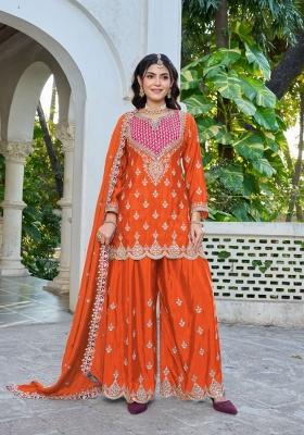 orange Zari Work Silk Salwar Kameez