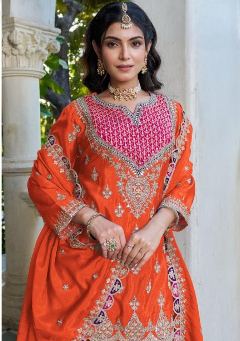 orange Zari Work Silk Blend Salwar Kameez - Indya