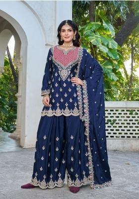 navy blue Zari Work Silk Salwar Kameez