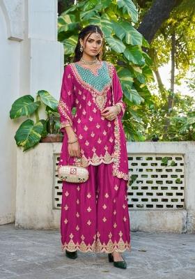 hot pink Zari Work Silk Salwar Kameez
