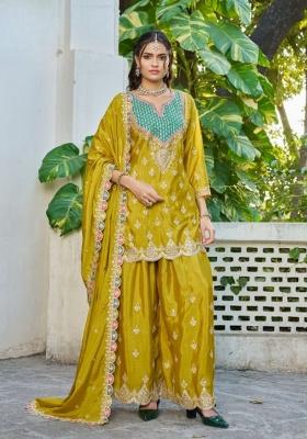 mustard Zari Work Silk Blend Salwar Kameez