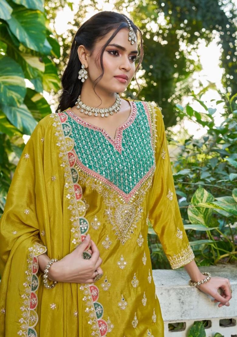 mustard Zari Work Silk Blend Salwar Kameez - Indya