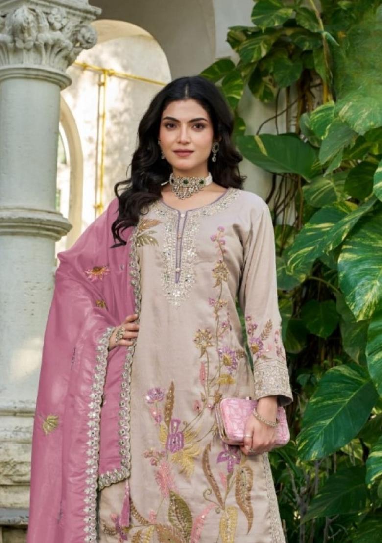 cream Zari Work Shimmer Salwar Kameez - Indya